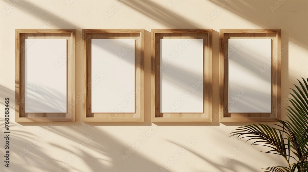 Four empty wooden frames hanging on a beige colored wall. The frames are modern and stylish. The frames cast a small shadow. Generated by artificial intelligence. Four empty wooden frames hanging on a beige colored wall. The frames are modern and stylish. The frames cast a small shadow. Generated by artificial intelligence.