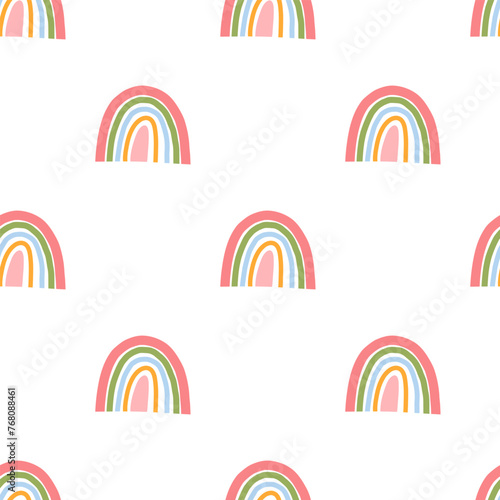 Cute and simple rainbow seamless pattern, cartoon flat vector illustration on white background. Hand drawn rainbow in pastel colors. Scandinavian style pattern for kids and nursery.