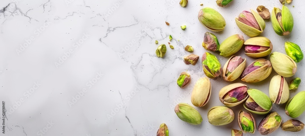 Pistachios on bright white surface with ample space for text or graphics, ideal for versatile use