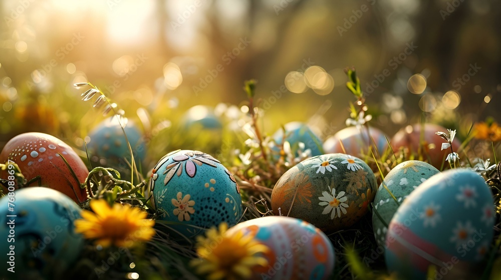 Colorful Easter Eggs in Grass with Flowers and Sunlight Colorful Easter Eggs in Grass with Flowers and Sunlight