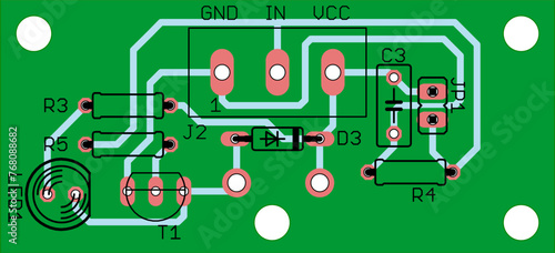 Vector printed circuit board of electronic 
device with components of radio elements, 
conductors and contact pads placed on it. 
Engineering drawing.