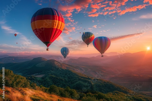 Sunset Adventure - Hot Air Balloons Over Scenic Landscape