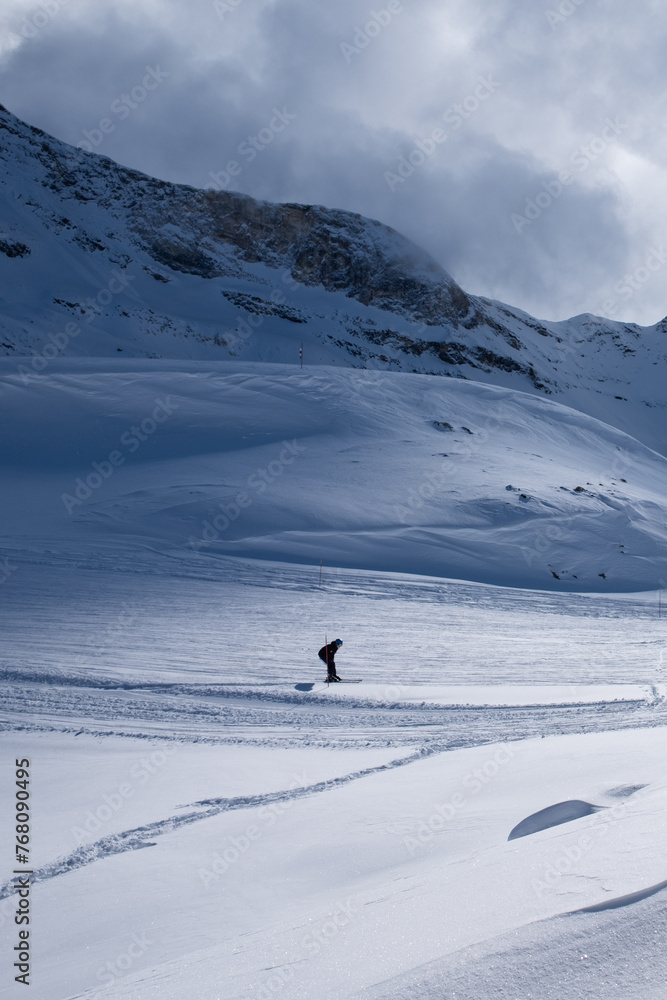 Portrait skier with snowy mountains behind in portrait 