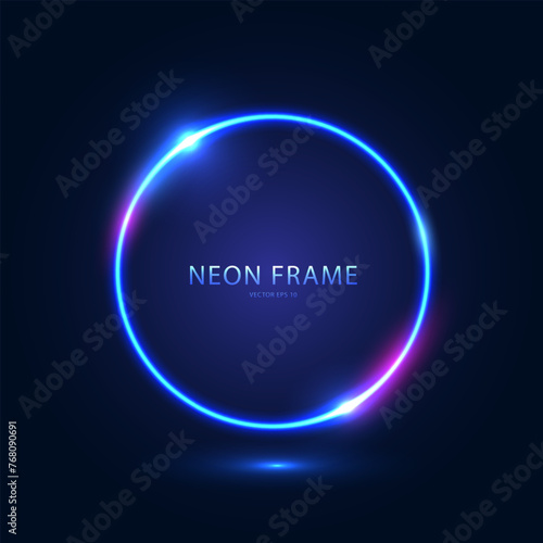 Neon round blue frame with highlights on a dark blue background. Abstract futuristic neon background. Vector EPS 10.