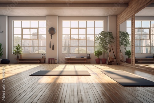 Rendering of an empty yoga room. Sunny day.