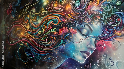 Enchanting Surreal Portrait of a Mystical Feminine Face Amidst Vibrant Cosmic Swirls and Floral Elements