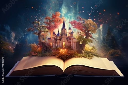 Magic book with fairy tale castle in the forest. Fairy tale concept