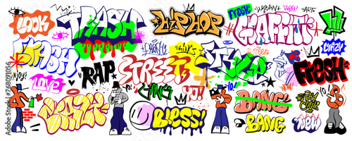 Graffiti Rap Music Hip Hop Style Words and Characters Vector set, street art sign and symbols isolated design element 