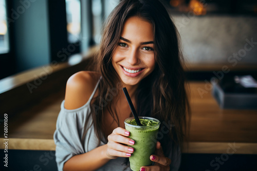 AI generated photo portrait of happy girl hold cocktail detox beverage with protein