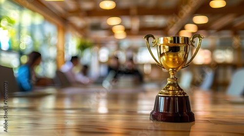 Golden trophy cup on a wooden table with business people in the background. AI generated illustration