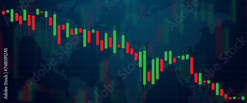 A stock market investment trading chart on a dark background. Green-red candlesticks of the stock market. Bullish point, downtrend of the chart. Vector illustration.