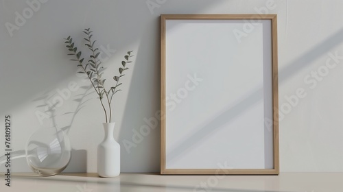 An empty rectangle frame mockup from oak wood in a  beautiful gray room. Generated by artificial intelligence.