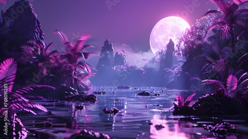 Mystical Moonlit Tropical Jungle Landscape with Glowing River and Reflections