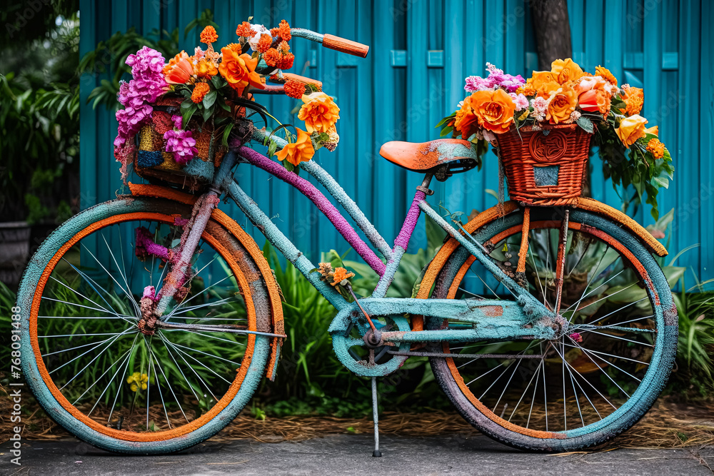 A bicycle with a basket full of flowers on it.