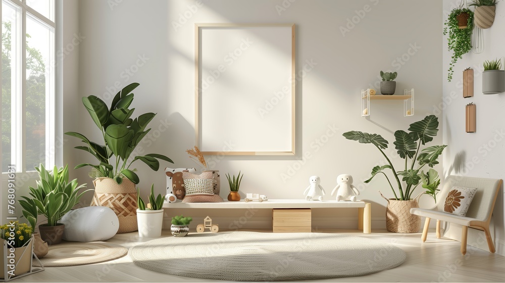 Fototapeta premium The trendy interier nursery kids room with a blank frame on the wall. Generated by artificial intelligence.