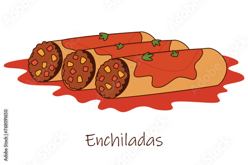 Enchiladas Mexican food. Traditional Mexican Cuisine. Enchiladas with sauce vector illustration isolated on white background.