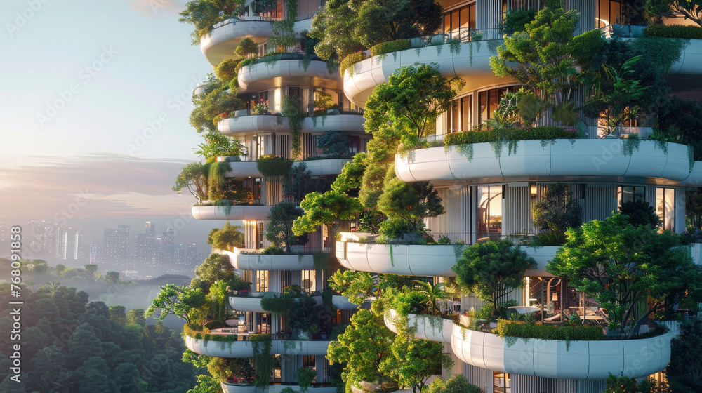 Futuristic cityscape with lush greenery and innovative architecture at dusk
