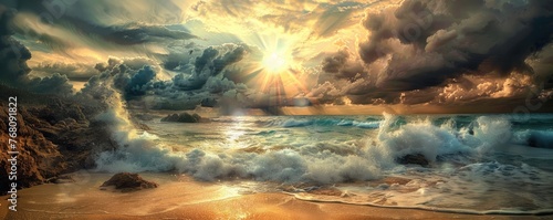 waves crashing on rocky shores under a dramatic sunset sky with penetrating sun rays and dynamic cloud