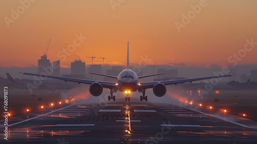 Commercial airplane on runway at dusk with city skyline in background