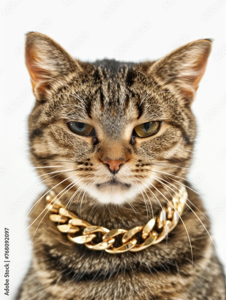 A cat donning a stylish gold chain