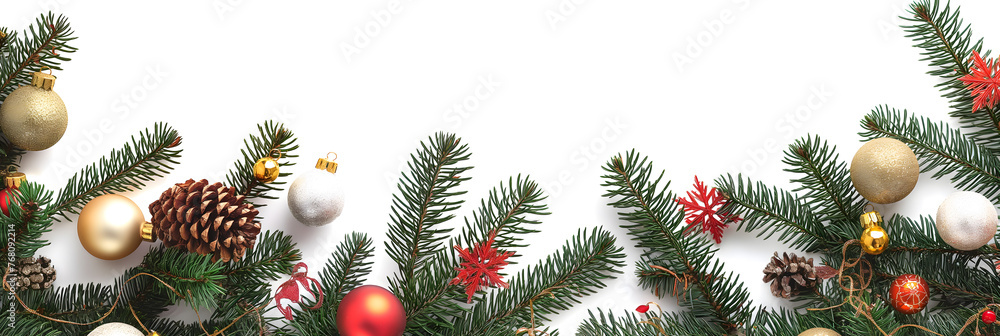 Festive Christmas Banner with Pine Branches and Holiday Decorations Festive Christmas Banner with Pine Branches and Holiday Decorations