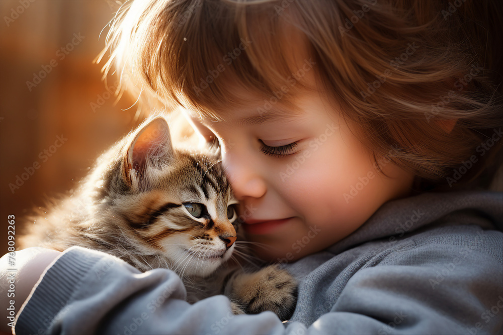Generative ai picture of sweet cute adorable baby hugging cat love and care for domestic animal