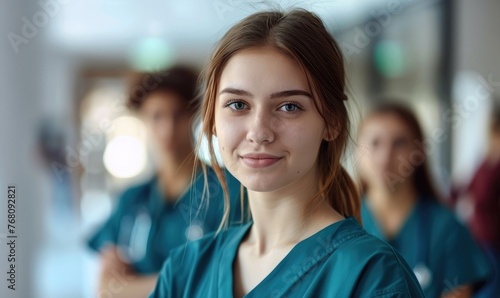 A trio of healthcare professionals in scrubs with stethoscopes in a hospital corridor