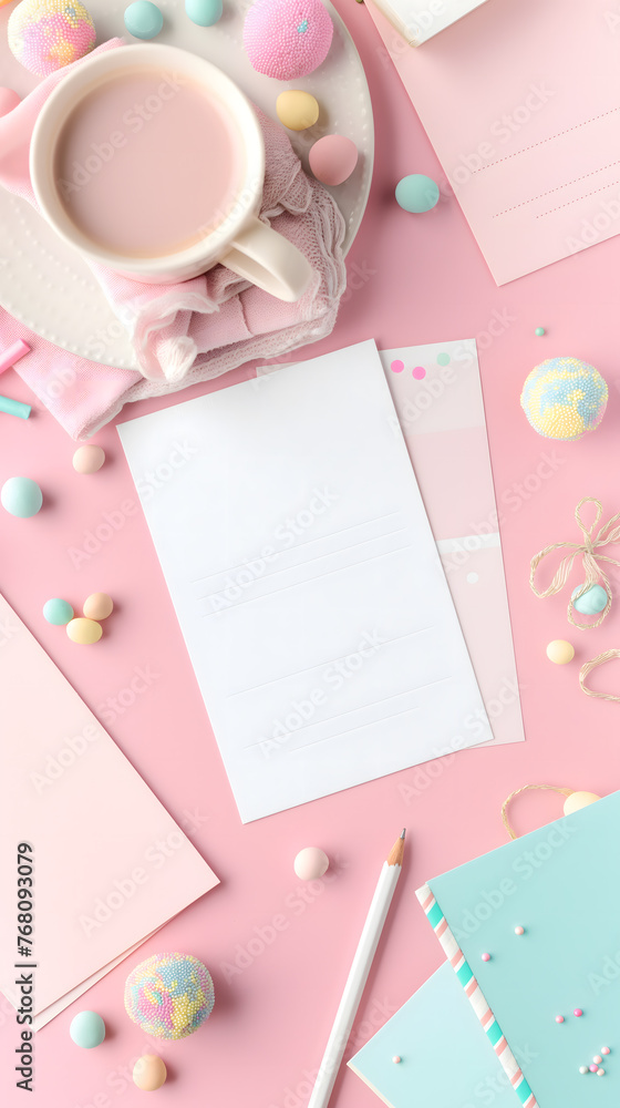 Colorful Flat Lay of Stationery and Plants on Dual-Toned Background