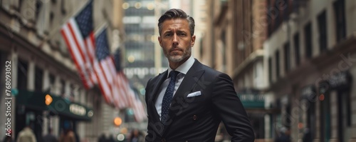 Obraz na płótnie Well-dressed man in a suit walks with purpose on a New York City street w salonie