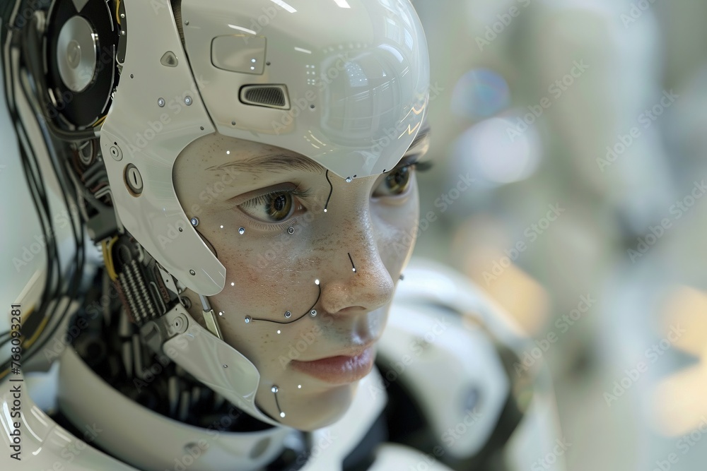 Fototapeta premium A portrait of a robot experiencing human emotions, AI empathy style.