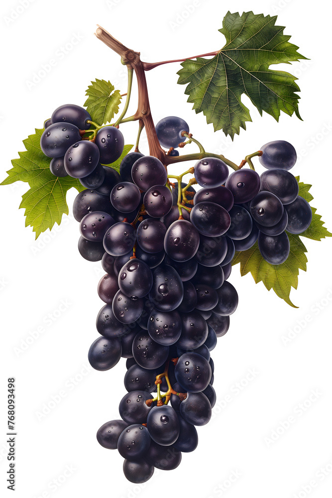Fototapeta premium Fresh Dark Grapes Cluster with Lush Green Leaves on White