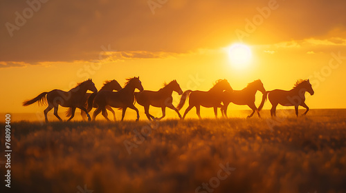 Herd of Horses Running in Majestic Sunset Through the Field