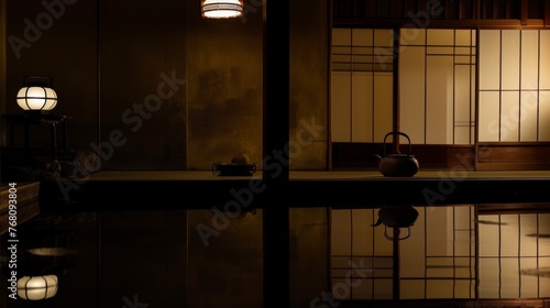 A minimalist teahouse scene with ambient lighting, featuring a teapot on a reflective table, creating an intimate atmosphere for traditional tea rituals. photo