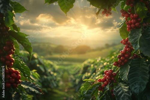 Coffee plants with ripe cherries ready for harvest  framed in a picturesque farm setting.