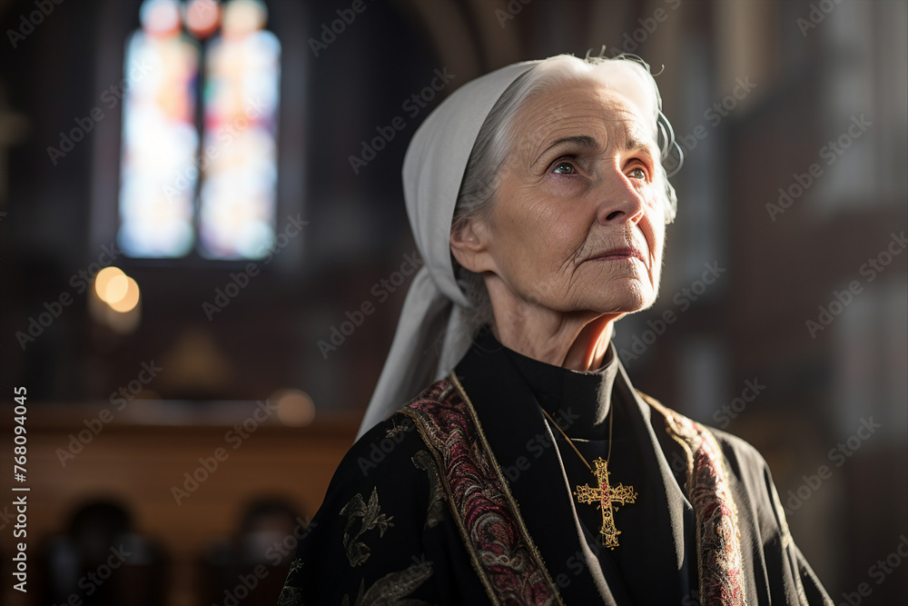 Mysterious religious person nun priest in church robe serious face expression Generative AI illustration Mysterious religious person nun priest in church robe serious face expression Generative AI illustration