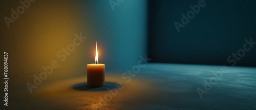 A visual metaphor for solitude, featuring a single, brightly lit candle in a vast, dark room , Solid color background, hyper realistic