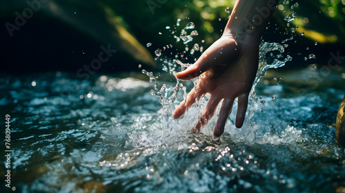 person playing with water, hand touching water #768094449