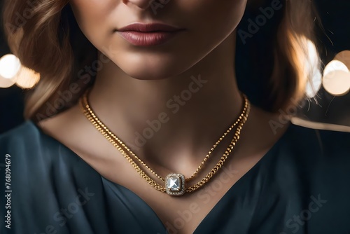 Woman necklace mockup closeup model portrait. Fashion beauty jewelry necklace pendant mockup realistic HD .