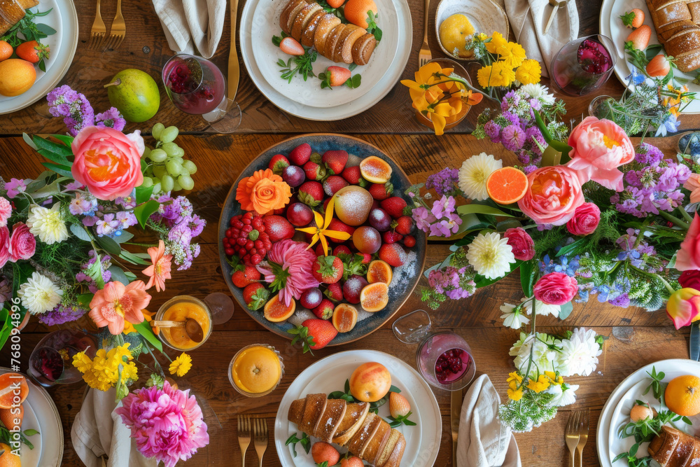 A beautifully set table brunch spread, complete with colorful floral arrangements, fresh fruits, and pastries, celebrate and cherish the special occasion.