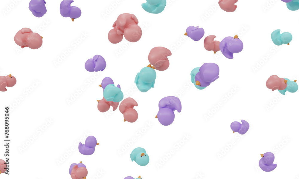 Many colored rubber ducks falling isolated on white background. 3d rendering     