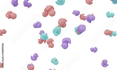 Many colored rubber ducks falling isolated on white background. 3d rendering 