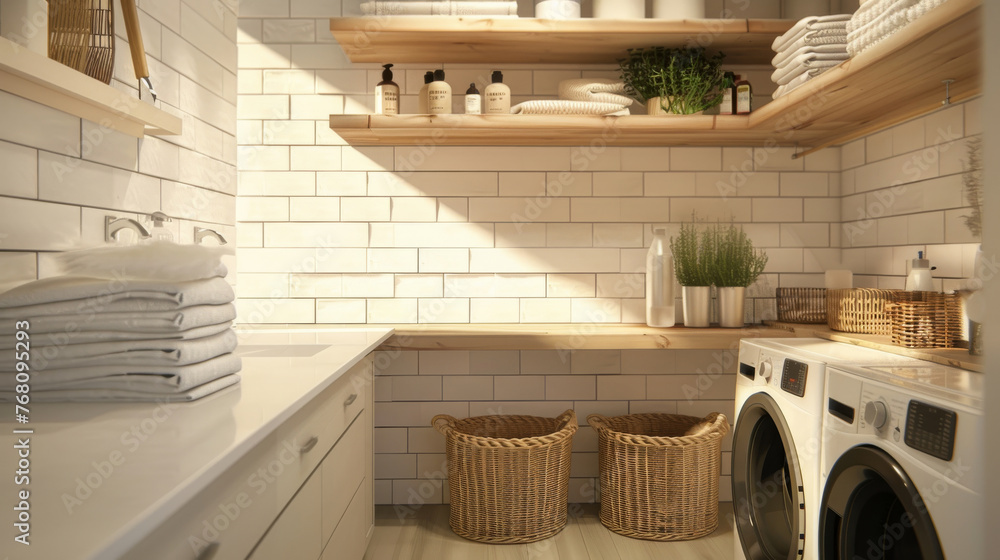 Obraz premium White and wooden modern laundry room interior.