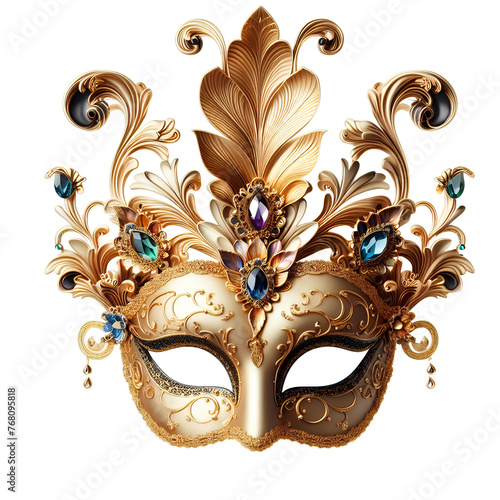 Party Mask for Mardi Gras party decoration Happy mardi gras isolated background. Ornate golden venetian mask adorned with jewels and intricate filigree. Generative AI © IsaStock