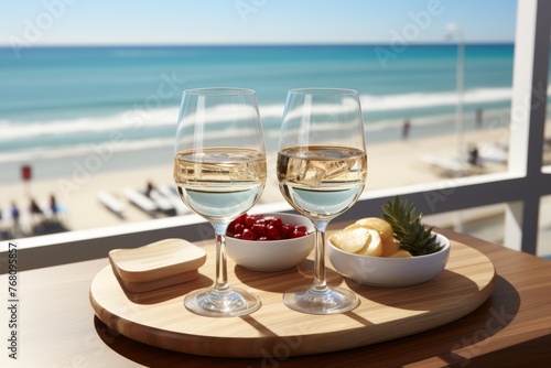 Elegant table setting with two glasses of red wine overlooking the stunning massandra sea view