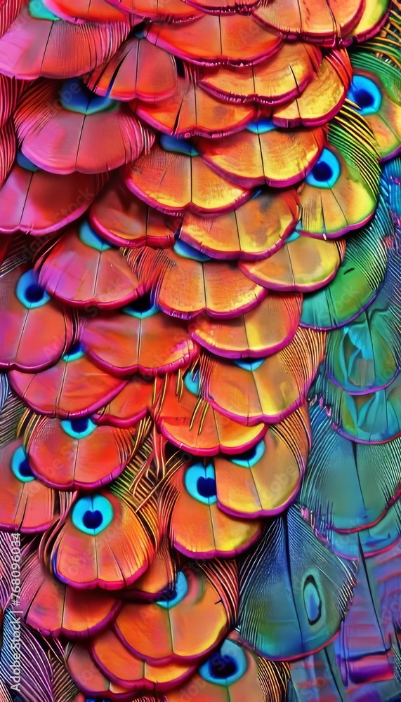Fototapeta premium Detailed macro shot of vibrant peacock feathers forming a striking and colorful background