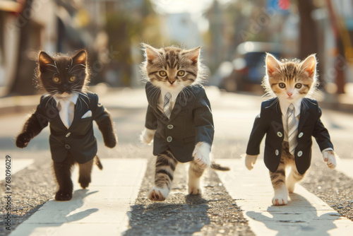 Three cute kittens dressed in businessman outfits, confidently strolling across the crosswalk on a sunny day.