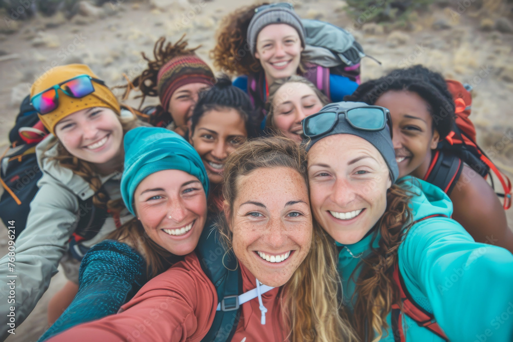 A diverse group of sporty women share laughs and smiles, group selfie and outdoor activities concept.