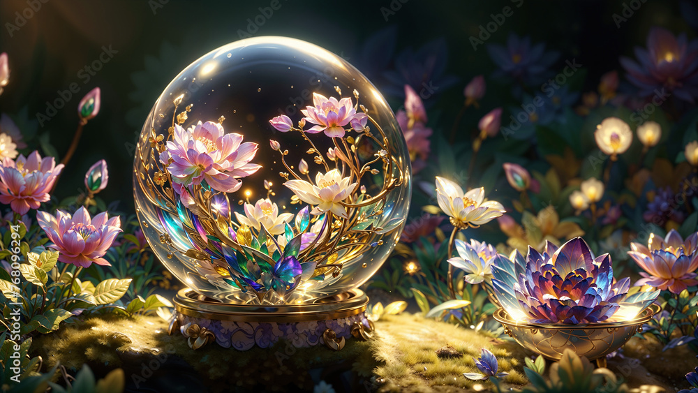 Multicolored and bright flowers grow on the background of the fairy dark forest. Glass ball with flowers, gold and crystals glows from within. Multicolored and bright flowers grow on the background of the fairy dark forest. Glass ball with flowers, gold and crystals glows from within.