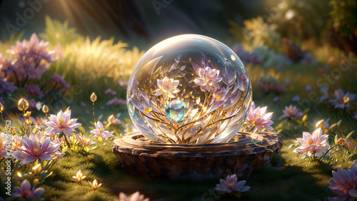 A crystal ball with beautiful flowers on a wooden stand is in a forest glade. The fairy flowers are inside the ball and around it.