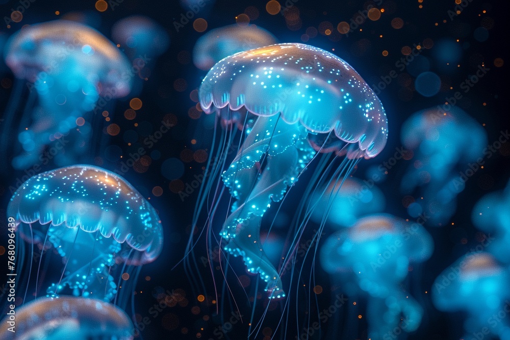 A mesmerizing scene of jellyfish drifting with the gentle ocean currents, lit by the bioluminescent glow of fellow creatures, mediumshot angle, mystical atmosphere, pixel art - obrazy, fototapety, plakaty 